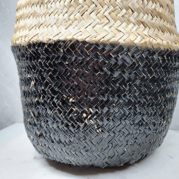 Seagrass Belly Basket 12" Tan Black Woven Wicker Home Storage Handles Lined New - Picture 10 of 16